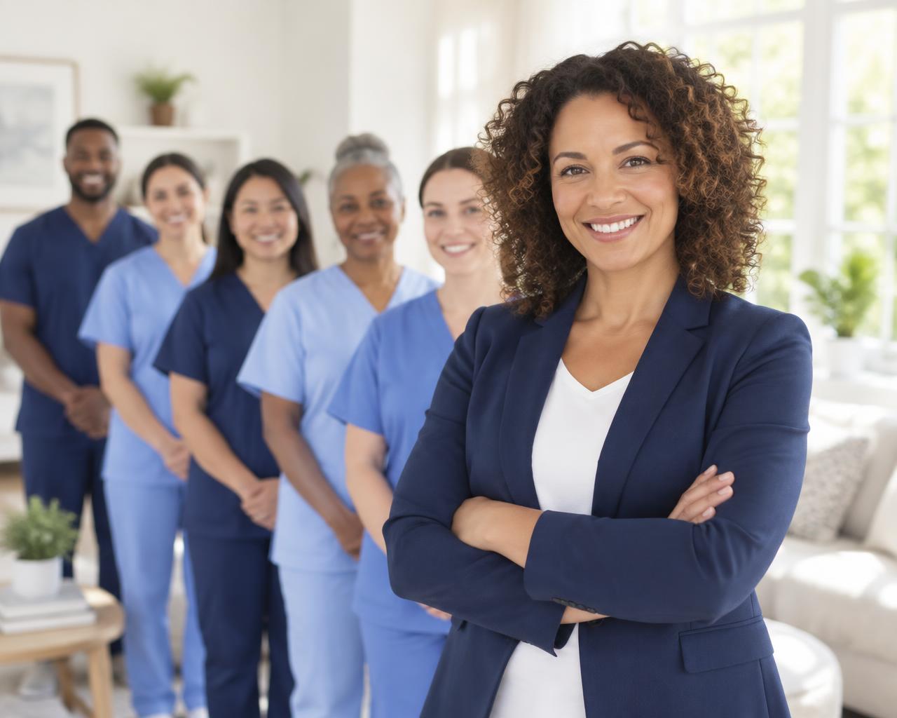 A home care agency owner smiling with her team of caregivers behind her